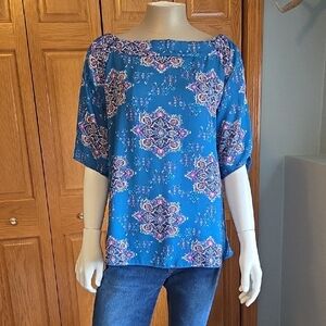Renee C Teal Blue Medallion Print Boatneck Top